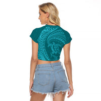 Hawaiian Turtle and Shark Raglan Cropped T Shirt Kakau Tribal with Polynesian Pattern Turquoise Color