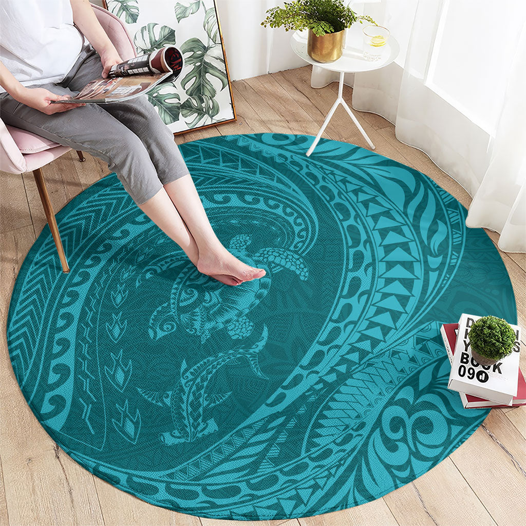 Hawaiian Turtle and Shark Round Carpet Kakau Tribal with Polynesian Pattern Turquoise Color