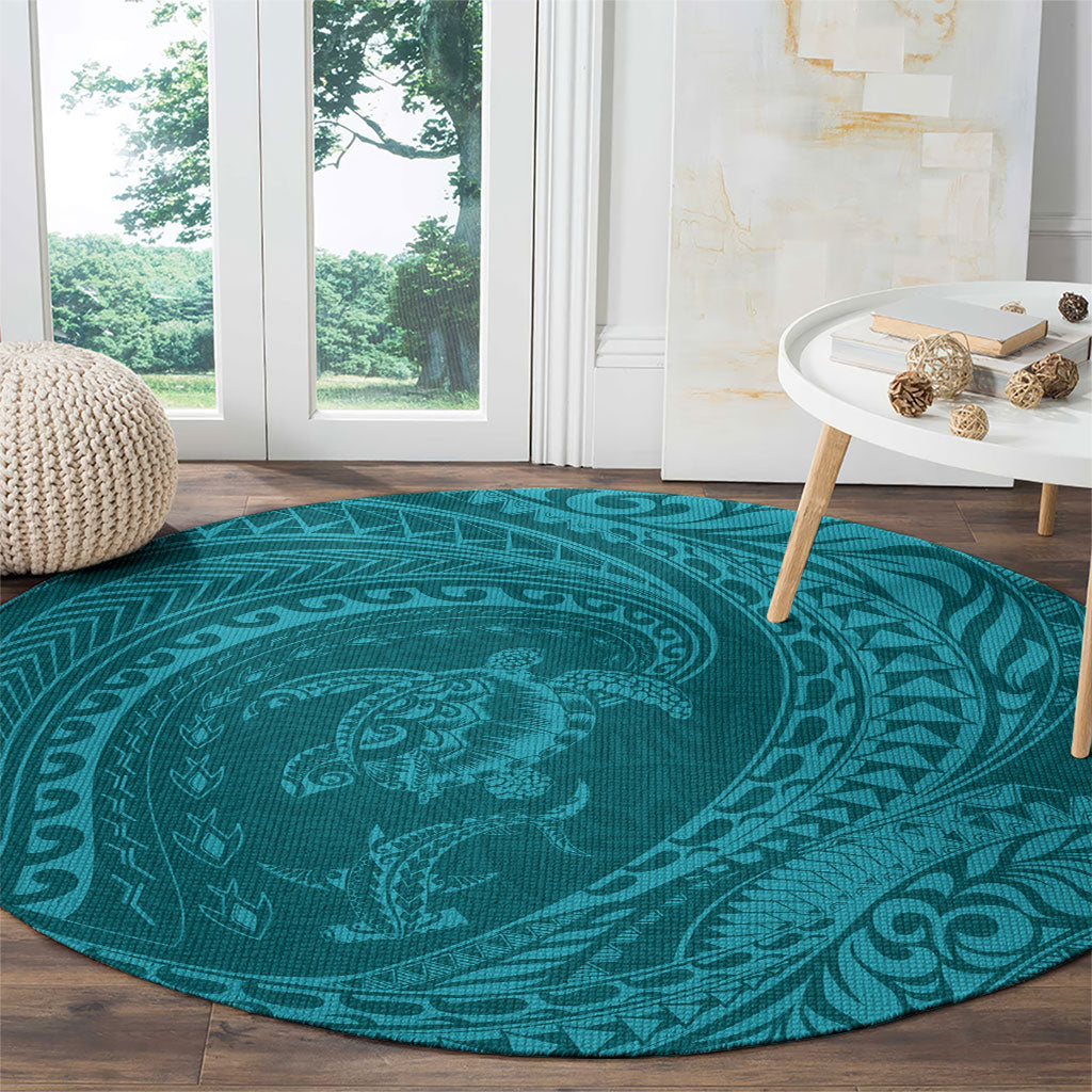 Hawaiian Turtle and Shark Round Carpet Kakau Tribal with Polynesian Pattern Turquoise Color