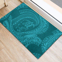Hawaiian Turtle and Shark Rubber Doormat Kakau Tribal with Polynesian Pattern Turquoise Color