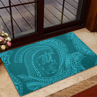 Hawaiian Turtle and Shark Rubber Doormat Kakau Tribal with Polynesian Pattern Turquoise Color