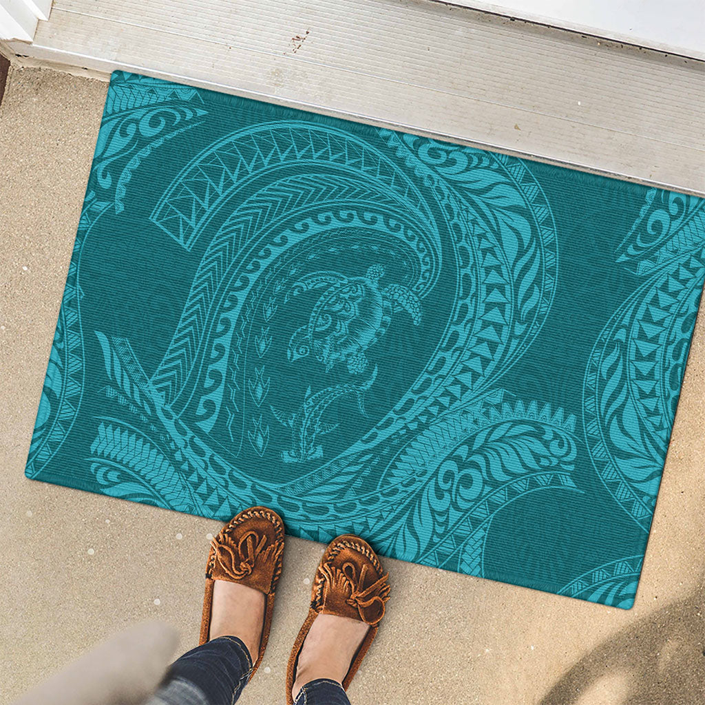 Hawaiian Turtle and Shark Rubber Doormat Kakau Tribal with Polynesian Pattern Turquoise Color