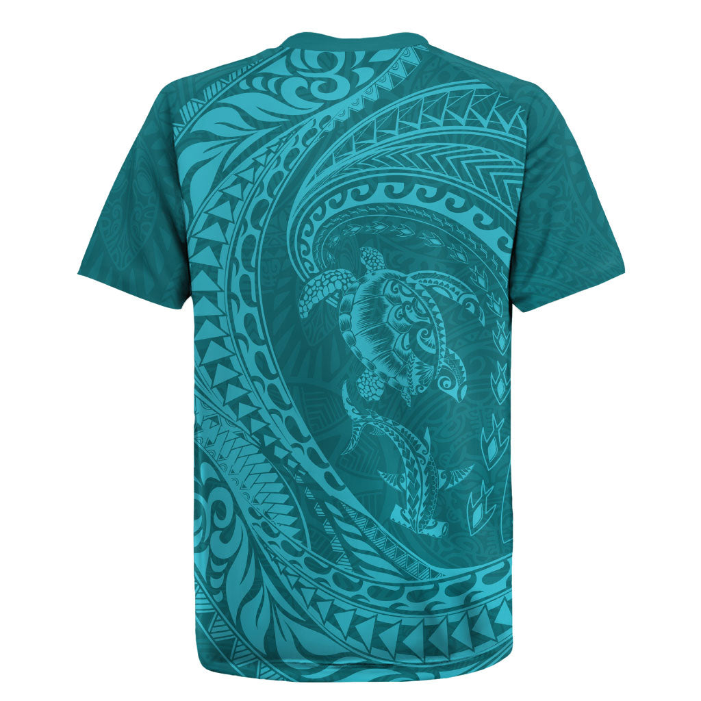 Hawaiian Turtle and Shark Rugby Jersey Kakau Tribal with Polynesian Pattern Turquoise Color