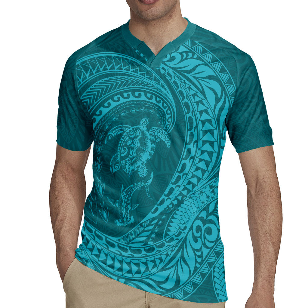 Hawaiian Turtle and Shark Rugby Jersey Kakau Tribal with Polynesian Pattern Turquoise Color