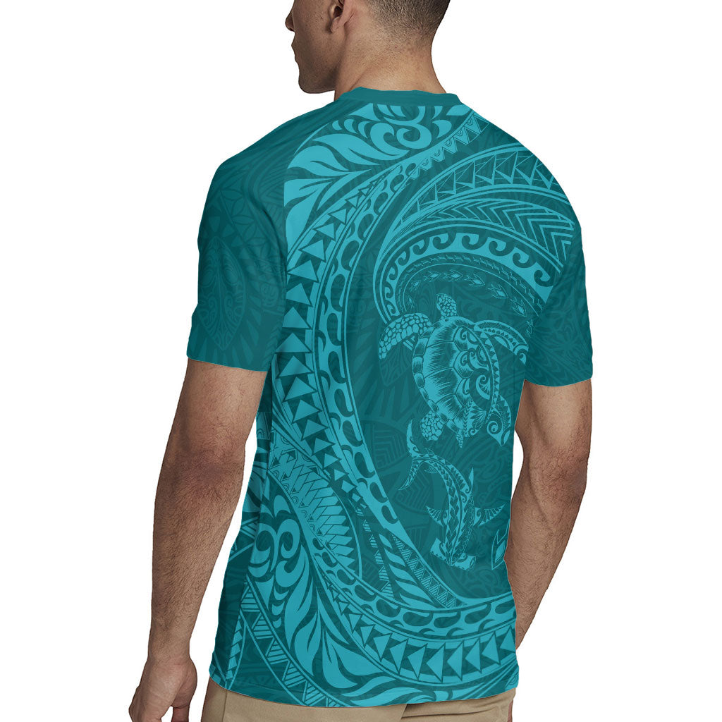 Hawaiian Turtle and Shark Rugby Jersey Kakau Tribal with Polynesian Pattern Turquoise Color