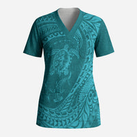 Hawaiian Turtle and Shark Scrub Top Kakau Tribal with Polynesian Pattern Turquoise Color