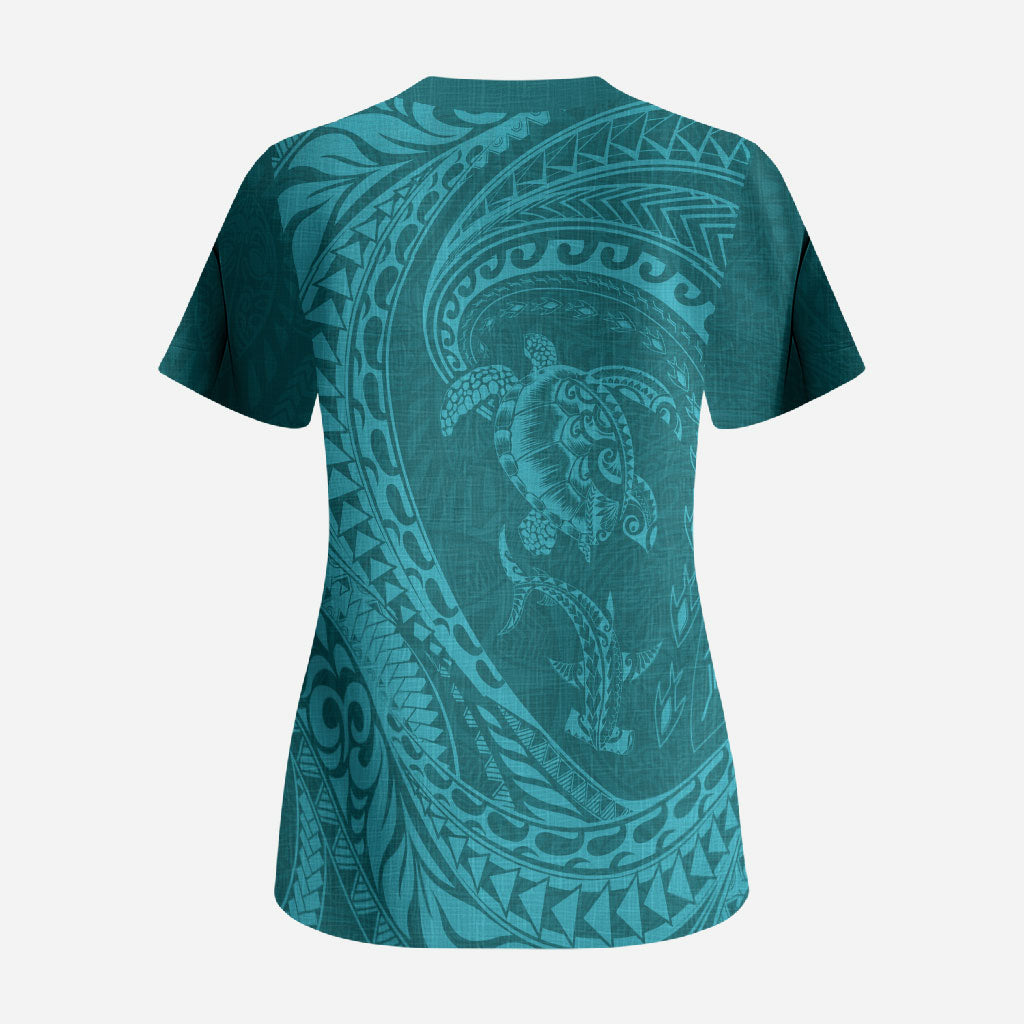 Hawaiian Turtle and Shark Scrub Top Kakau Tribal with Polynesian Pattern Turquoise Color