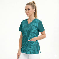 Hawaiian Turtle and Shark Scrub Top Kakau Tribal with Polynesian Pattern Turquoise Color