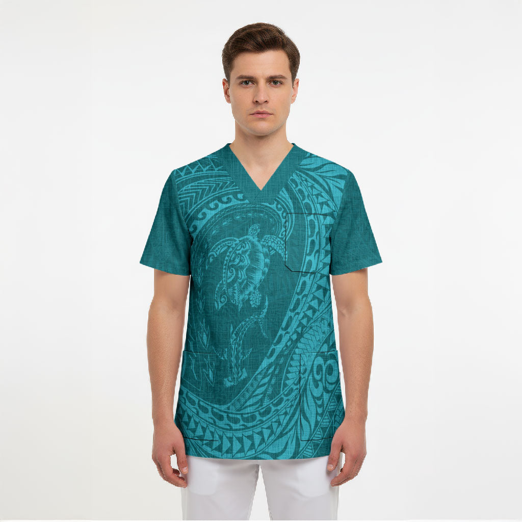 Hawaiian Turtle and Shark Scrub Top Kakau Tribal with Polynesian Pattern Turquoise Color
