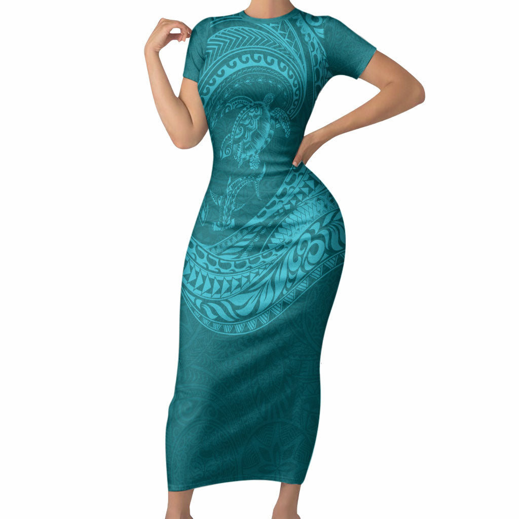 Hawaiian Turtle and Shark Short Sleeve Bodycon Dress Kakau Tribal with Polynesian Pattern Turquoise Color