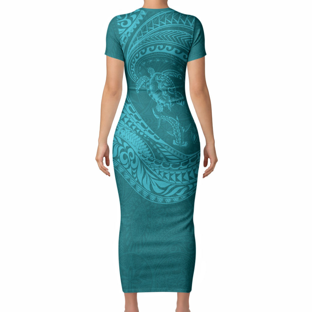 Hawaiian Turtle and Shark Short Sleeve Bodycon Dress Kakau Tribal with Polynesian Pattern Turquoise Color