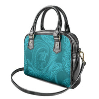 Hawaiian Turtle and Shark Shoulder Handbag Kakau Tribal with Polynesian Pattern Turquoise Color