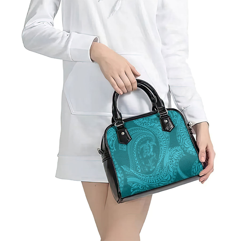 Hawaiian Turtle and Shark Shoulder Handbag Kakau Tribal with Polynesian Pattern Turquoise Color