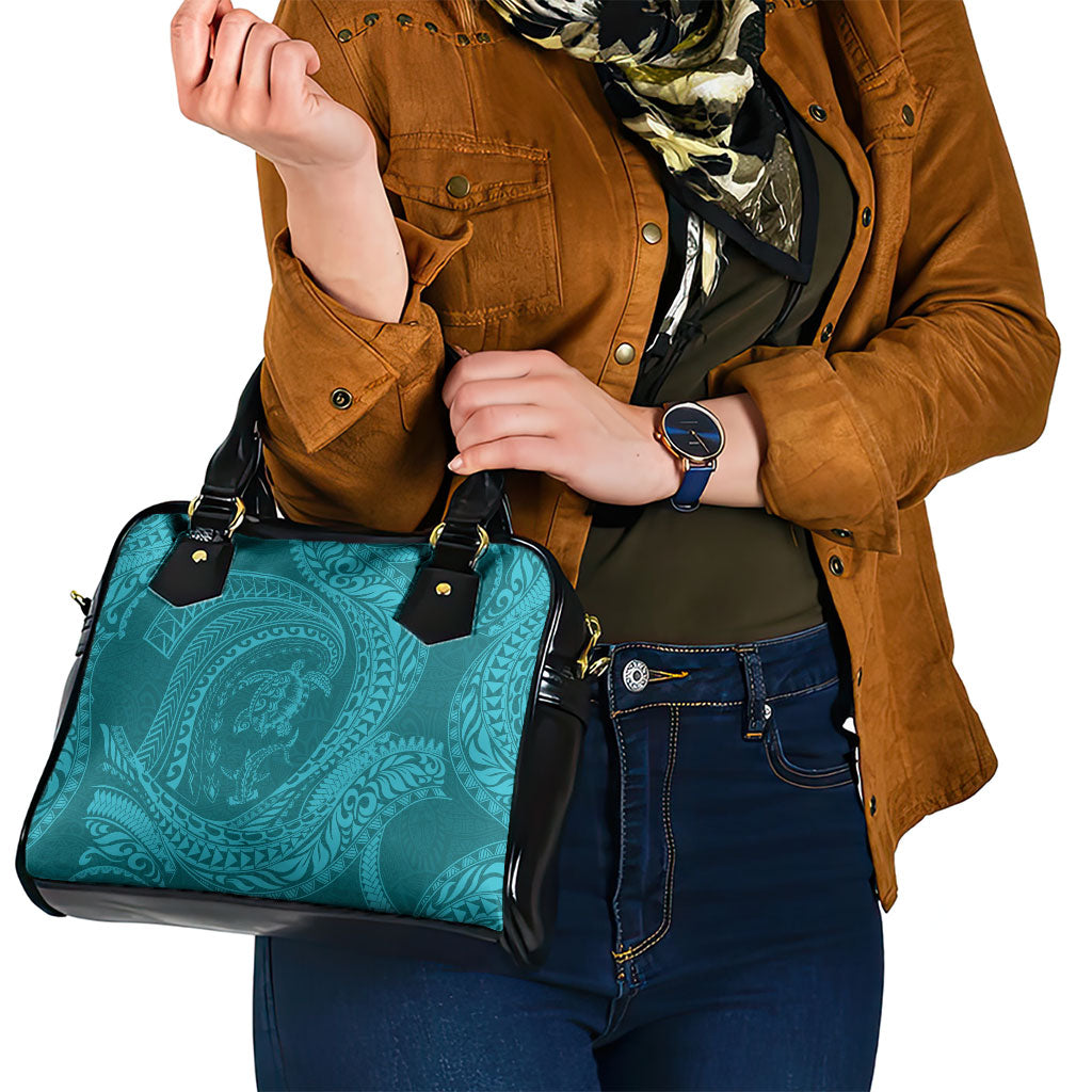 Hawaiian Turtle and Shark Shoulder Handbag Kakau Tribal with Polynesian Pattern Turquoise Color
