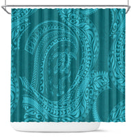 Hawaiian Turtle and Shark Shower Curtain Kakau Tribal with Polynesian Pattern Turquoise Color