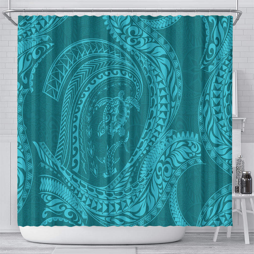 Hawaiian Turtle and Shark Shower Curtain Kakau Tribal with Polynesian Pattern Turquoise Color