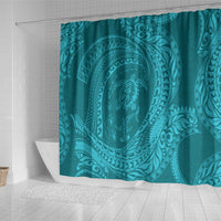 Hawaiian Turtle and Shark Shower Curtain Kakau Tribal with Polynesian Pattern Turquoise Color