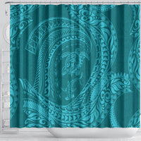 Hawaiian Turtle and Shark Shower Curtain Kakau Tribal with Polynesian Pattern Turquoise Color