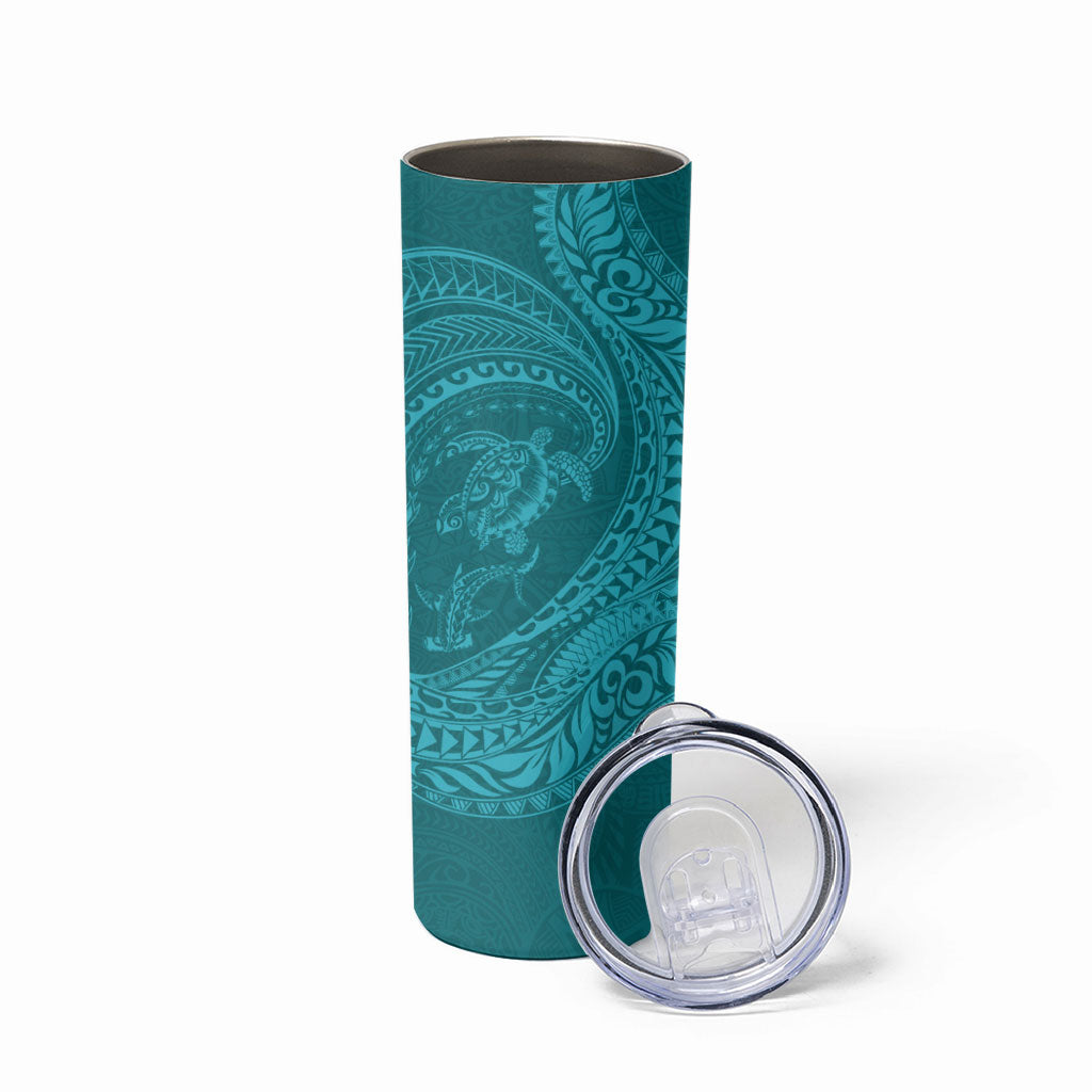 Hawaiian Turtle and Shark Skinny Tumbler Kakau Tribal with Polynesian Pattern Turquoise Color
