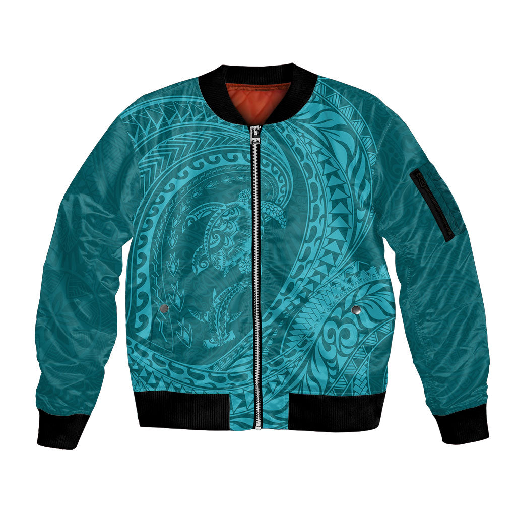 Hawaiian Turtle and Shark Sleeve Zip Bomber Jacket Kakau Tribal with Polynesian Pattern Turquoise Color