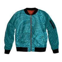 Hawaiian Turtle and Shark Sleeve Zip Bomber Jacket Kakau Tribal with Polynesian Pattern Turquoise Color