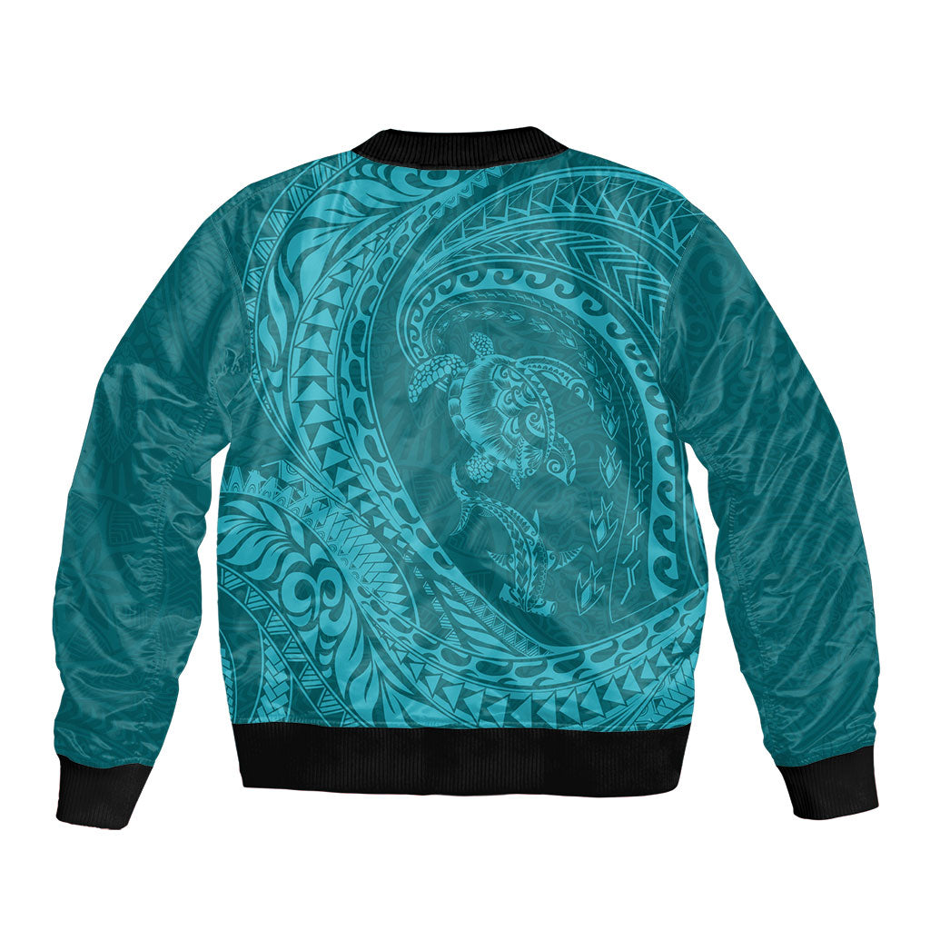 Hawaiian Turtle and Shark Sleeve Zip Bomber Jacket Kakau Tribal with Polynesian Pattern Turquoise Color