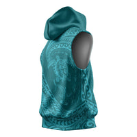 Hawaiian Turtle and Shark Sleeveless Hoodie Kakau Tribal with Polynesian Pattern Turquoise Color