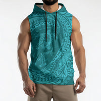 Hawaiian Turtle and Shark Sleeveless Hoodie Kakau Tribal with Polynesian Pattern Turquoise Color