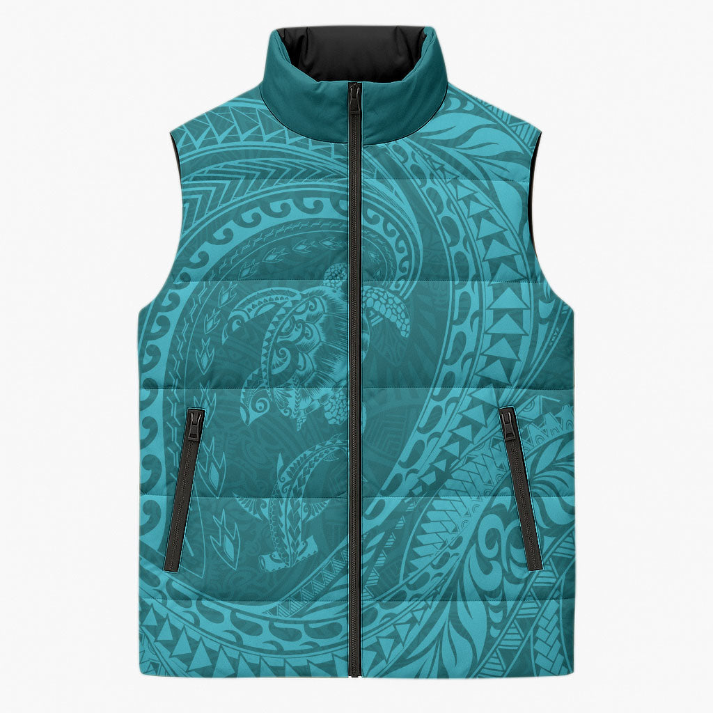 Hawaiian Turtle and Shark Sleeveless Puffer Jacket Kakau Tribal with Polynesian Pattern Turquoise Color