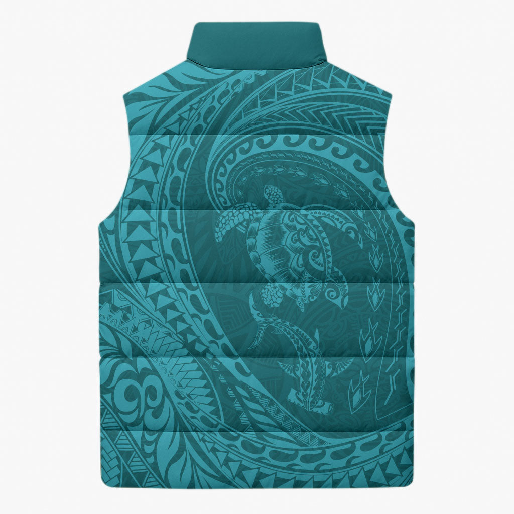 Hawaiian Turtle and Shark Sleeveless Puffer Jacket Kakau Tribal with Polynesian Pattern Turquoise Color