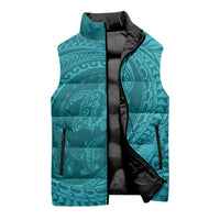 Hawaiian Turtle and Shark Sleeveless Puffer Jacket Kakau Tribal with Polynesian Pattern Turquoise Color