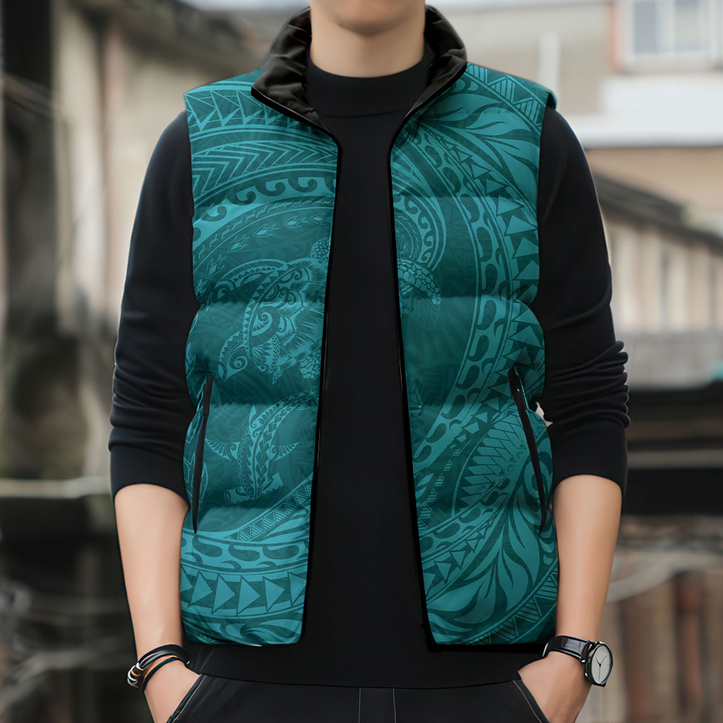 Hawaiian Turtle and Shark Sleeveless Puffer Jacket Kakau Tribal with Polynesian Pattern Turquoise Color
