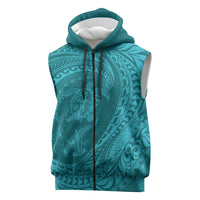 Hawaiian Turtle and Shark Sleeveless Zip Hoodie Kakau Tribal with Polynesian Pattern Turquoise Color
