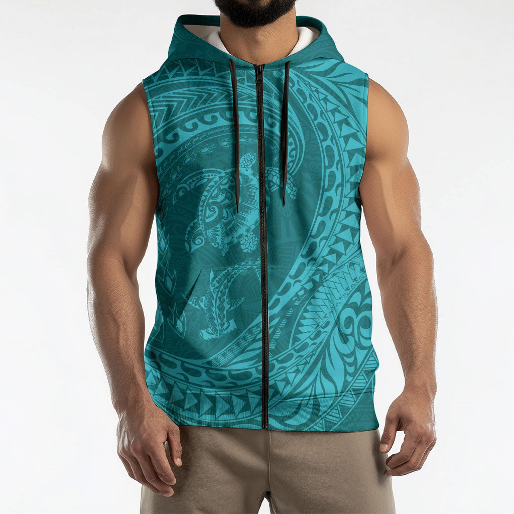 Hawaiian Turtle and Shark Sleeveless Zip Hoodie Kakau Tribal with Polynesian Pattern Turquoise Color