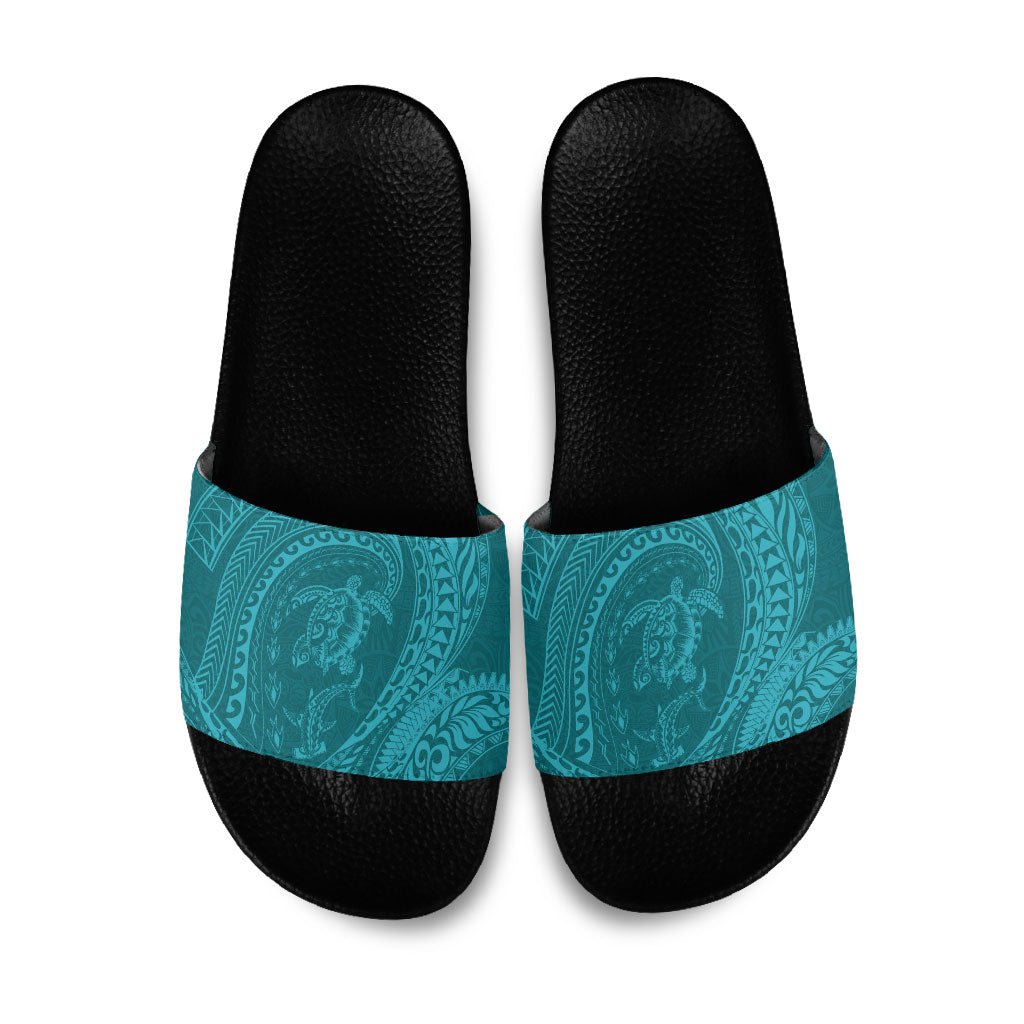 Hawaiian Turtle and Shark Slide Sandals Kakau Tribal with Polynesian Pattern Turquoise Color
