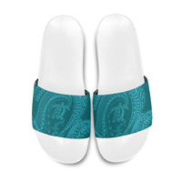 Hawaiian Turtle and Shark Slide Sandals Kakau Tribal with Polynesian Pattern Turquoise Color