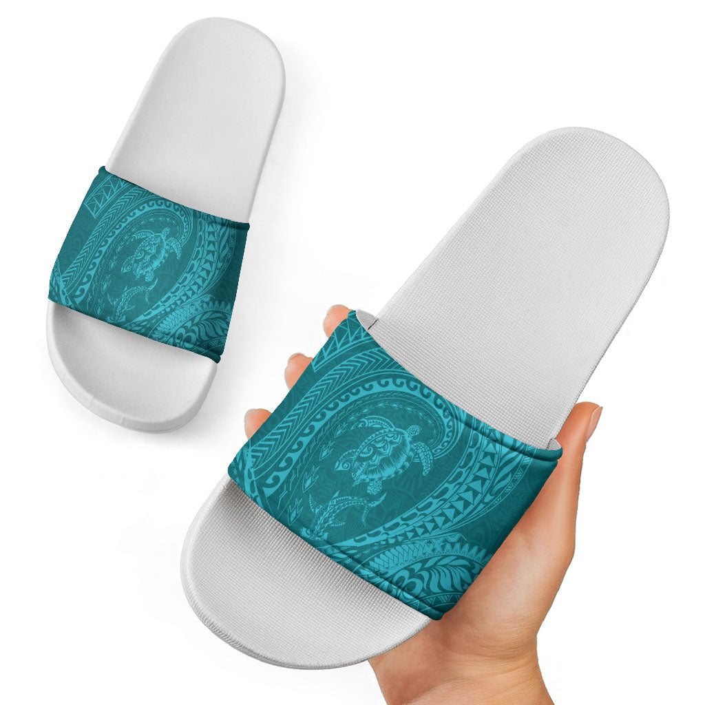 Hawaiian Turtle and Shark Slide Sandals Kakau Tribal with Polynesian Pattern Turquoise Color