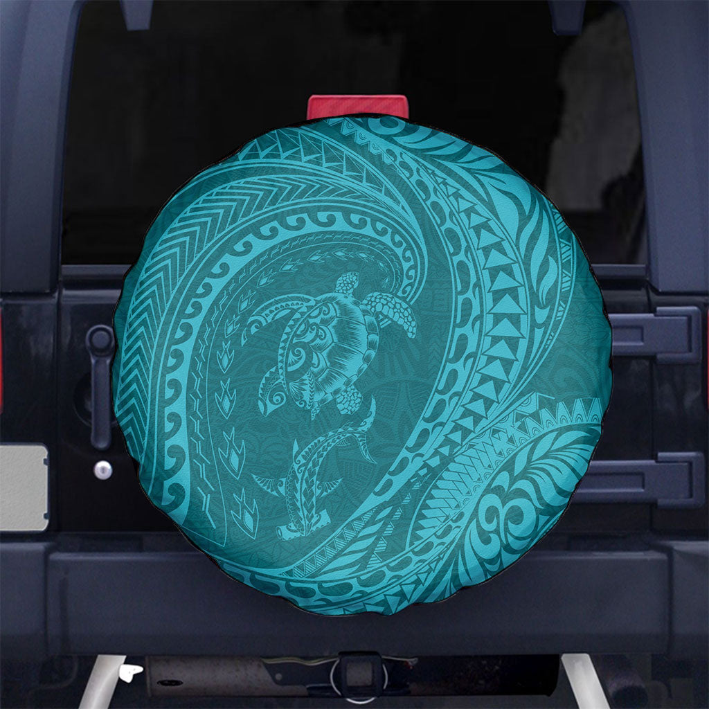 Hawaiian Turtle and Shark Spare Tire Cover Kakau Tribal with Polynesian Pattern Turquoise Color