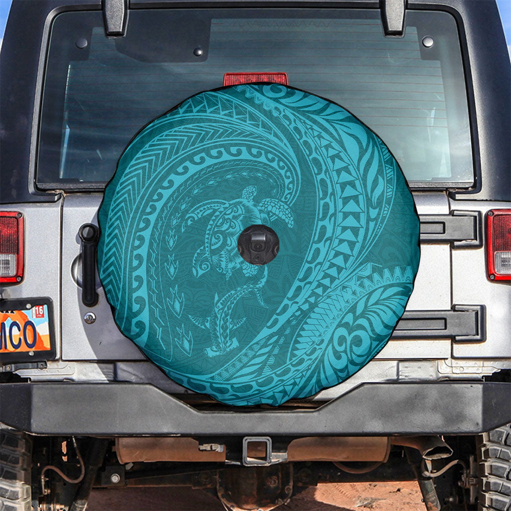 Hawaiian Turtle and Shark Spare Tire Cover Kakau Tribal with Polynesian Pattern Turquoise Color