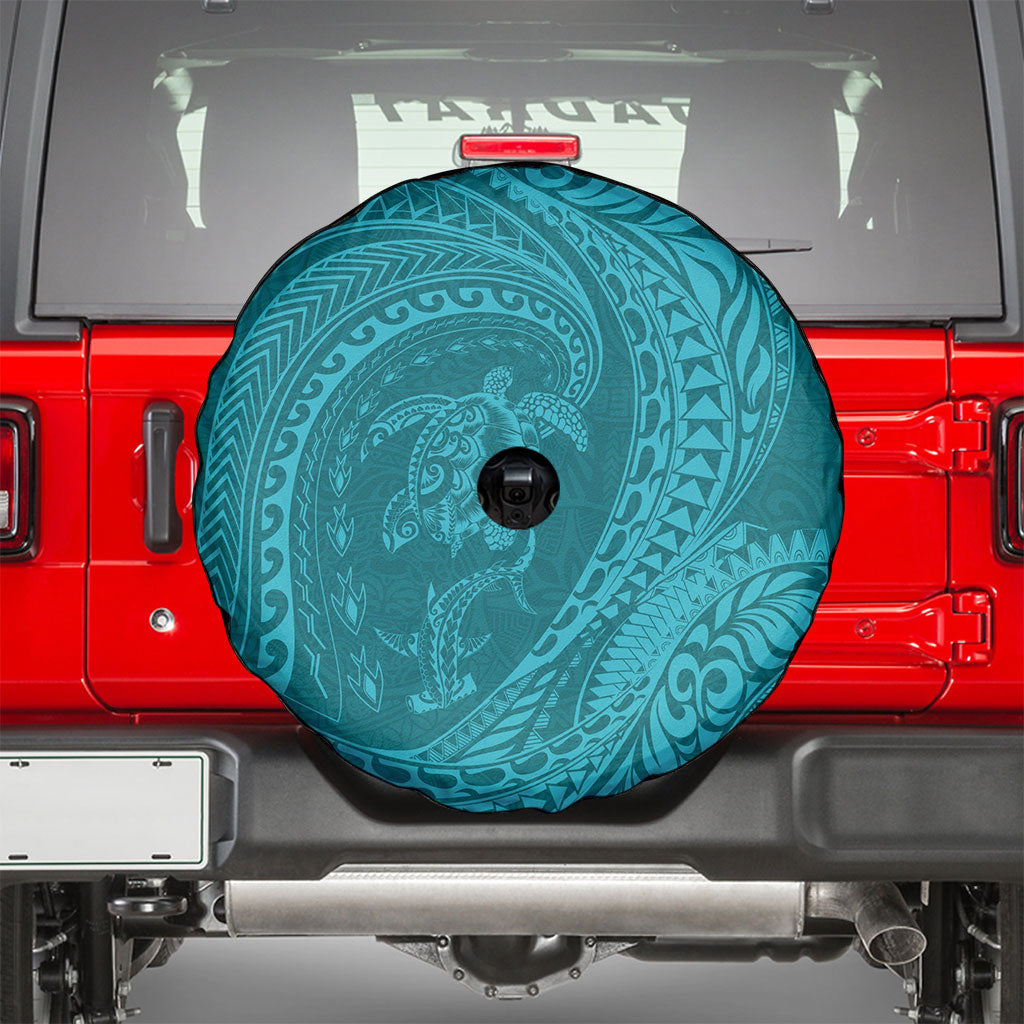 Hawaiian Turtle and Shark Spare Tire Cover Kakau Tribal with Polynesian Pattern Turquoise Color