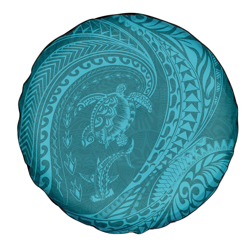 Hawaiian Turtle and Shark Spare Tire Cover Kakau Tribal with Polynesian Pattern Turquoise Color