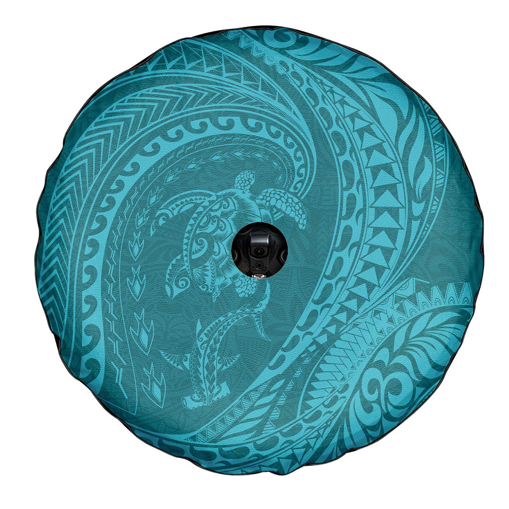 Hawaiian Turtle and Shark Spare Tire Cover Kakau Tribal with Polynesian Pattern Turquoise Color
