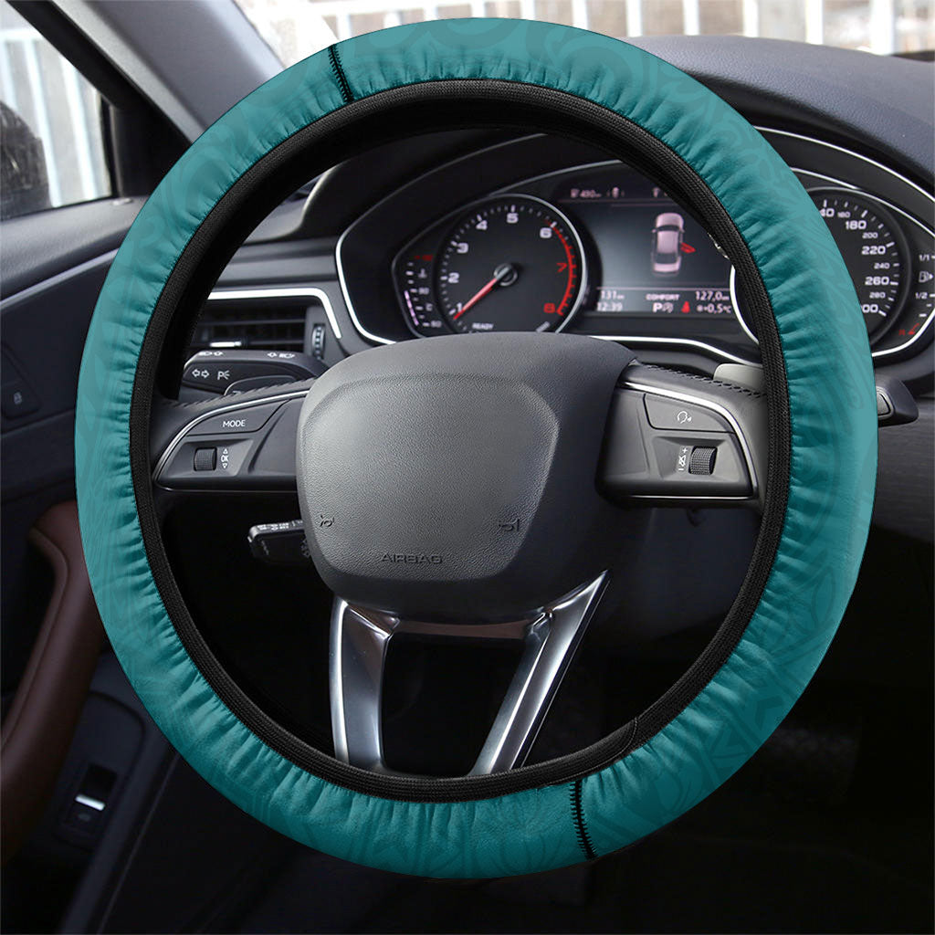 Hawaiian Turtle and Shark Steering Wheel Cover Kakau Tribal with Polynesian Pattern Turquoise Color