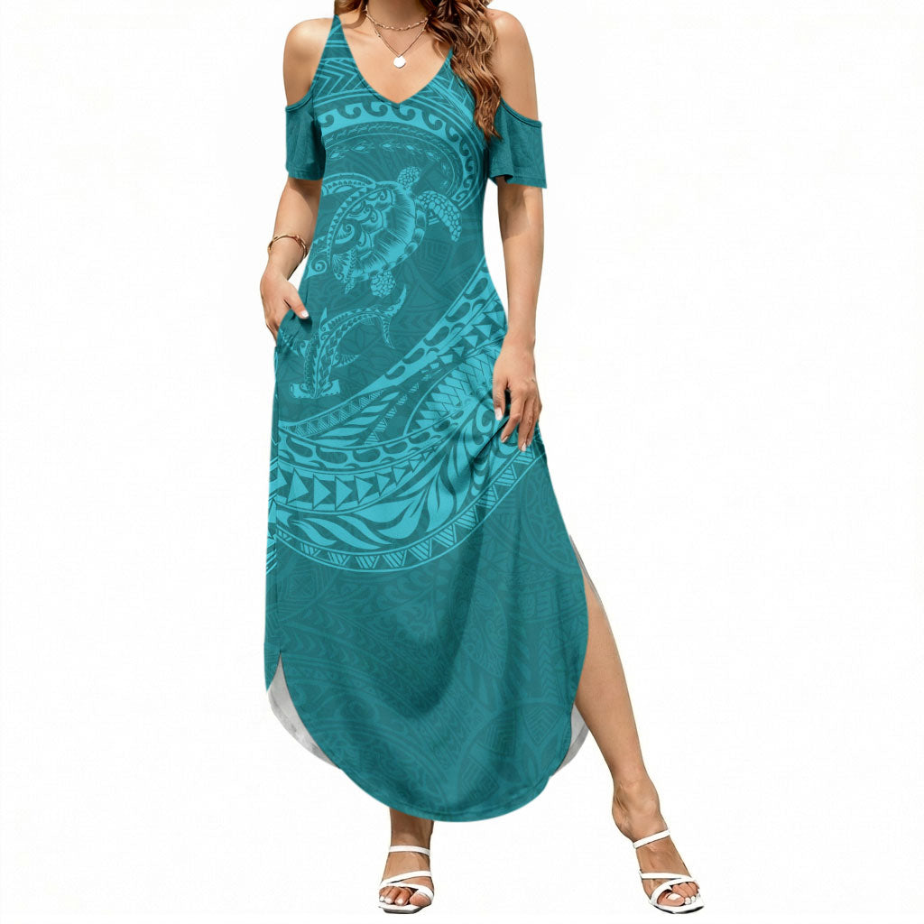 Hawaiian Turtle and Shark Summer Maxi Dress Kakau Tribal with Polynesian Pattern Turquoise Color