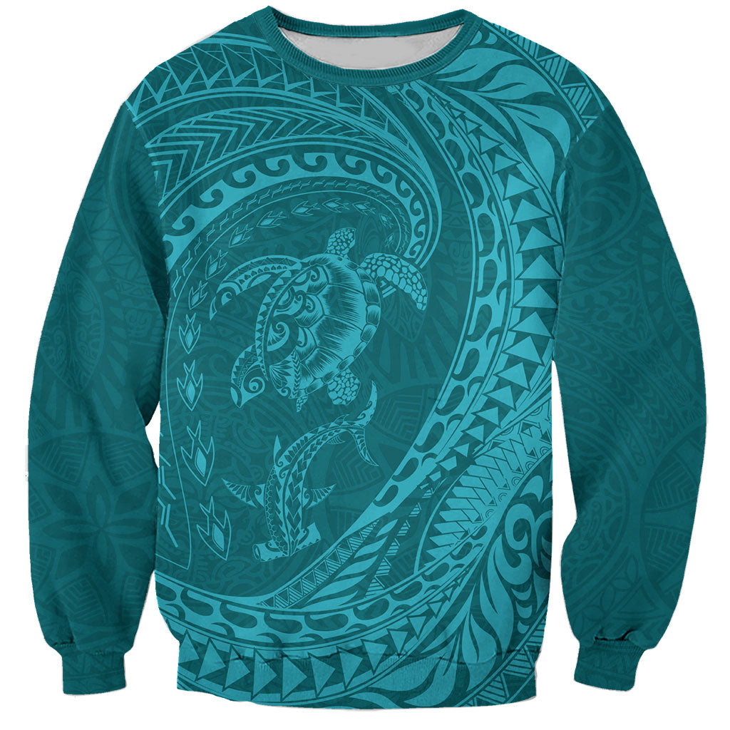 Hawaiian Turtle and Shark Sweatshirt Kakau Tribal with Polynesian Pattern Turquoise Color