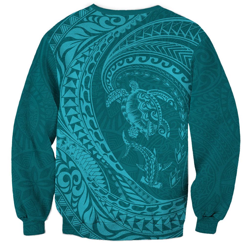 Hawaiian Turtle and Shark Sweatshirt Kakau Tribal with Polynesian Pattern Turquoise Color