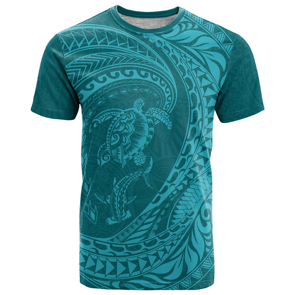 Hawaiian Turtle and Shark T Shirt Kakau Tribal with Polynesian Pattern Turquoise Color