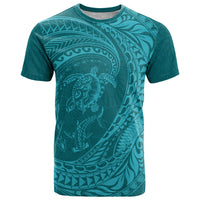 Hawaiian Turtle and Shark T Shirt Kakau Tribal with Polynesian Pattern Turquoise Color