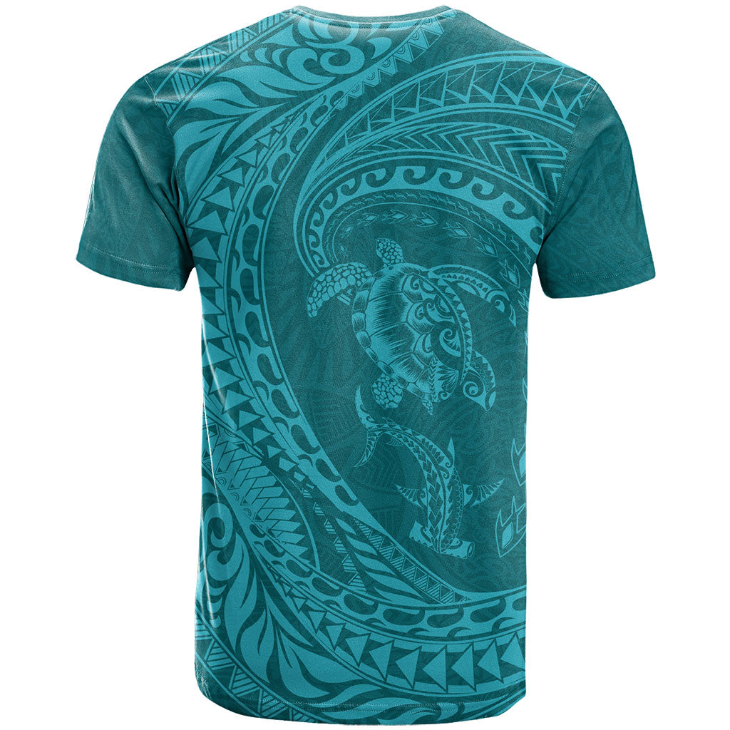 Hawaiian Turtle and Shark T Shirt Kakau Tribal with Polynesian Pattern Turquoise Color