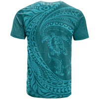 Hawaiian Turtle and Shark T Shirt Kakau Tribal with Polynesian Pattern Turquoise Color